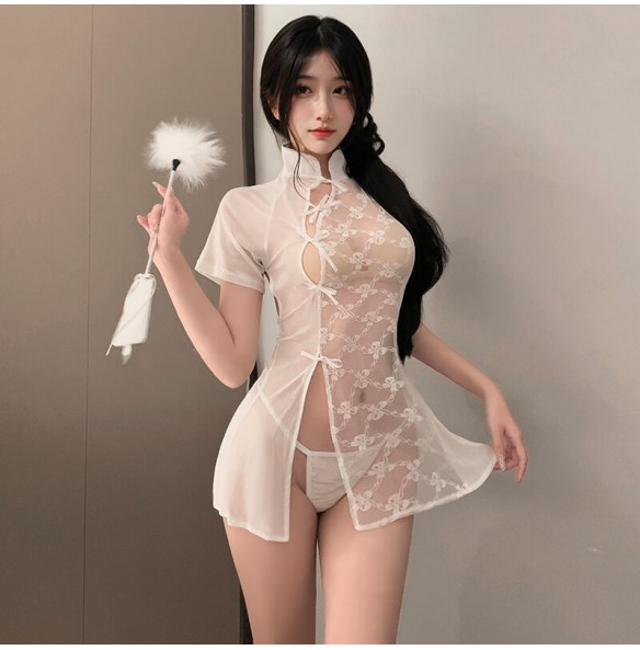 FEE ET MOI - Sexy Lace Splicing See-Through Cheongsam (White)